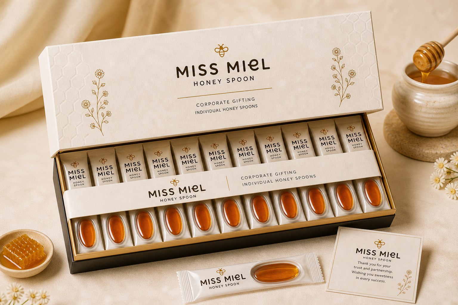 Corporate honey gifting packaging with single-serve honey spoons and pods, India