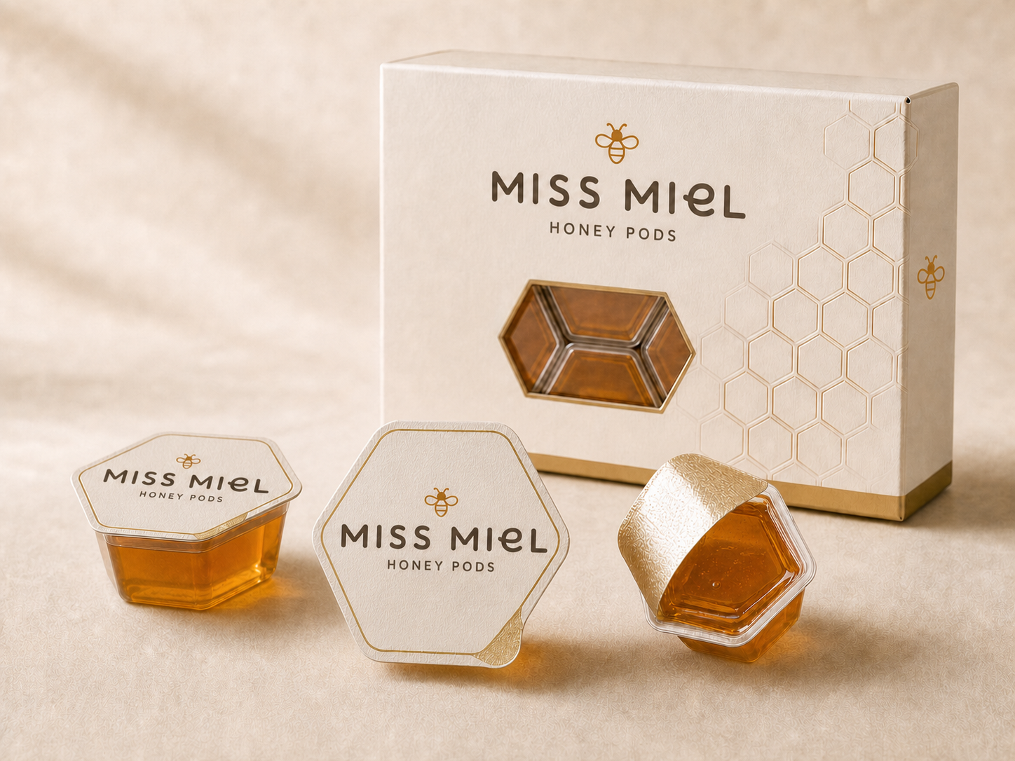 Honey Pods packaging: hexagonal peel-back honey pods with gift box