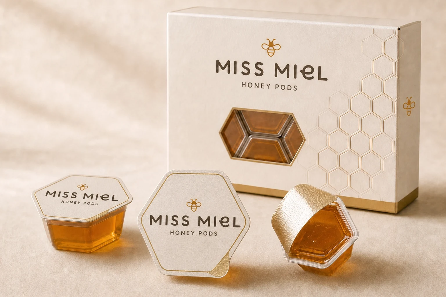 Honey Pods packaging: hexagonal peel-back honey pods with gift box